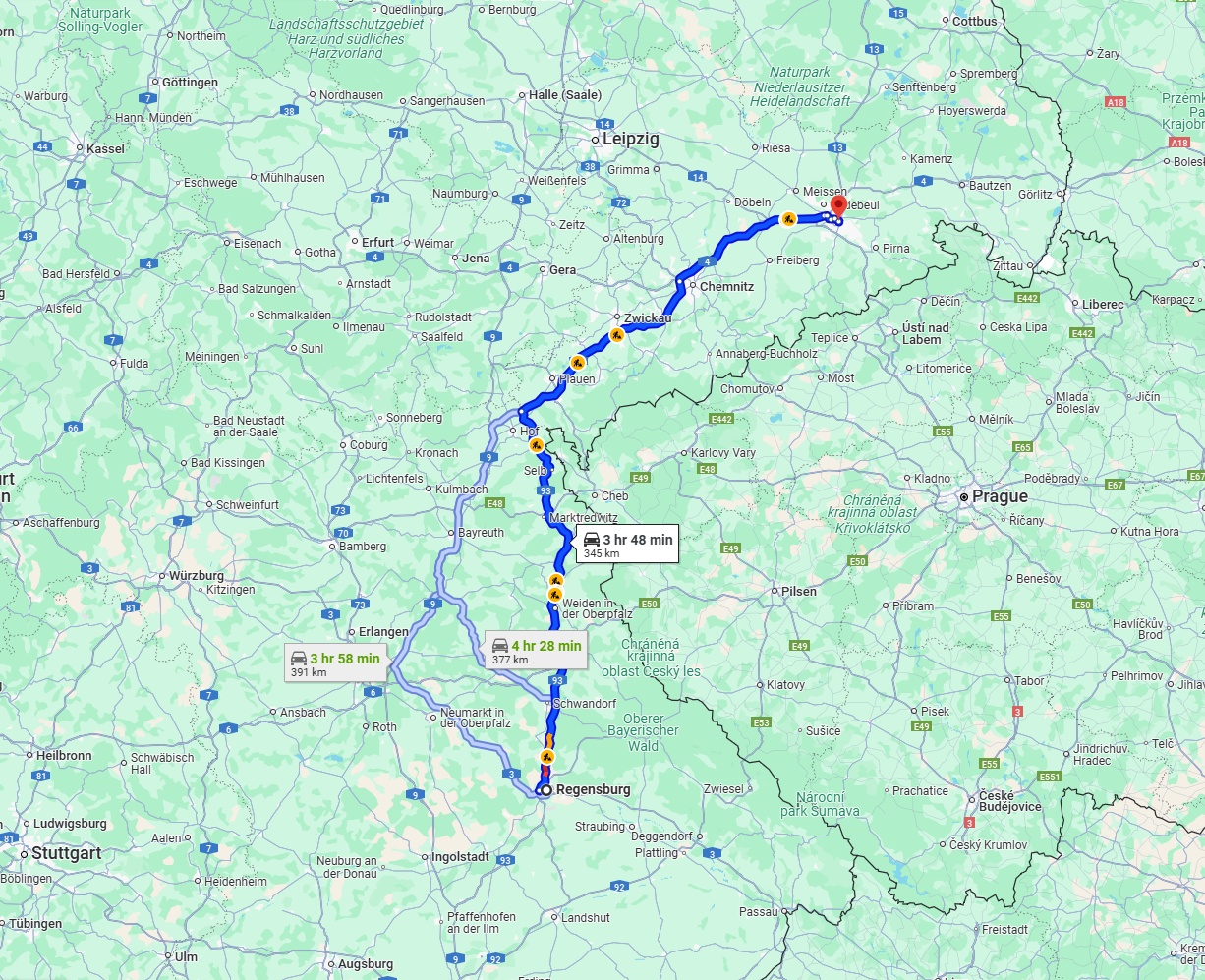 Anreise von Regensburg Zu Dresden Über via A93 and A72