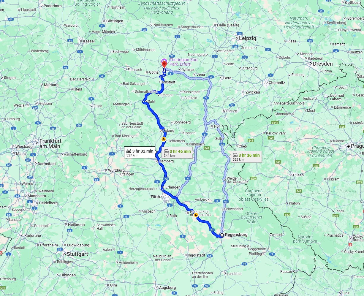 Anreise von Regensburg Zu Erfurt Über via A3 and A73
