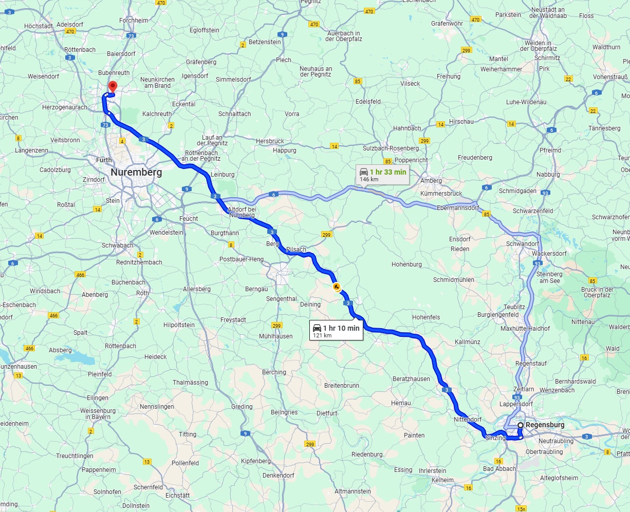 Anreise von Regensburg Zu Erlangen Über via A3