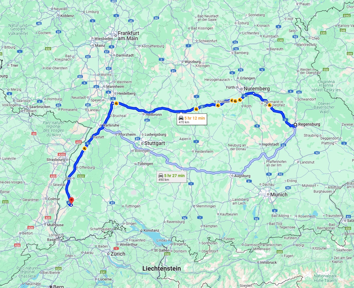 Anreise von Regensburg Zu Freiburg im Breisgau Über via A6 and A5