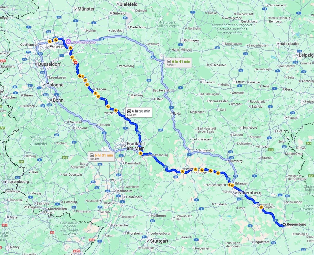 Anreise von Regensburg Zu Gelsenkirchen Über via A3 and A45