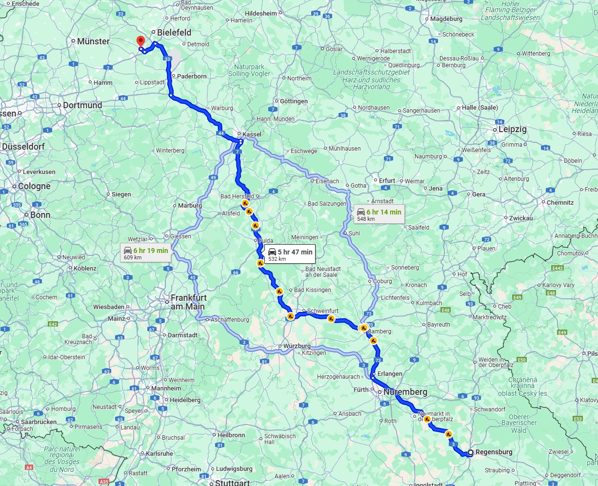 Anreise von Regensburg Zu Gütersloh Über via A7