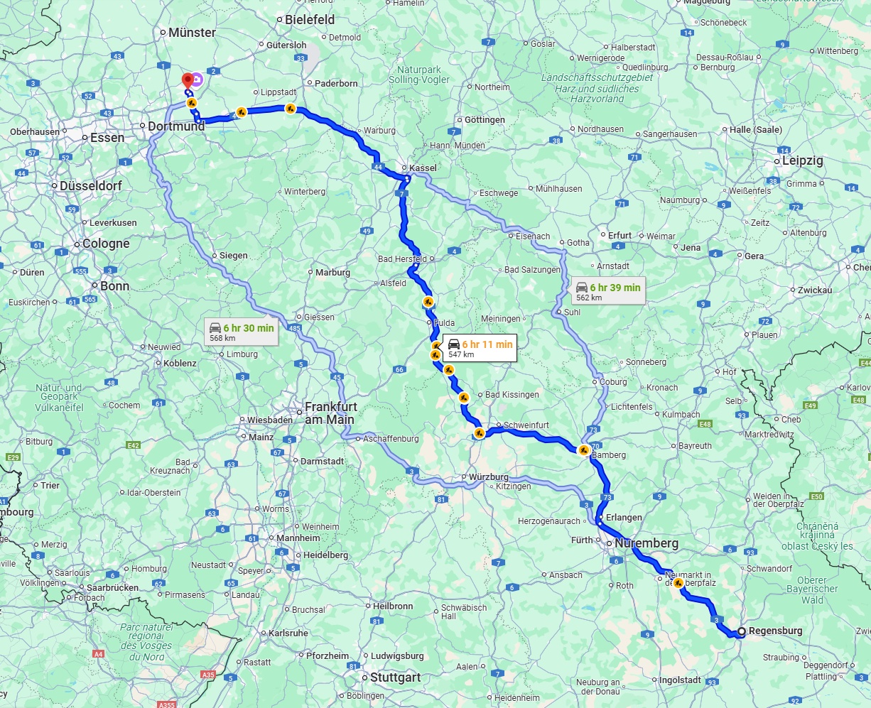 Anreise von Regensburg Zu Hamm Über via A7