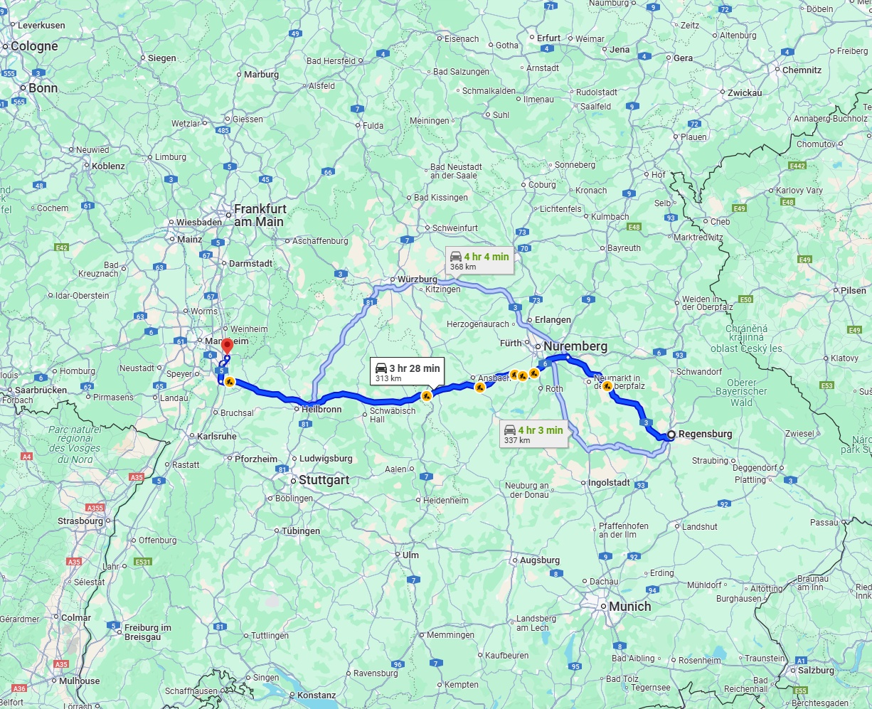 Anreise von Regensburg Zu Heidelberg Über via A3 and A6