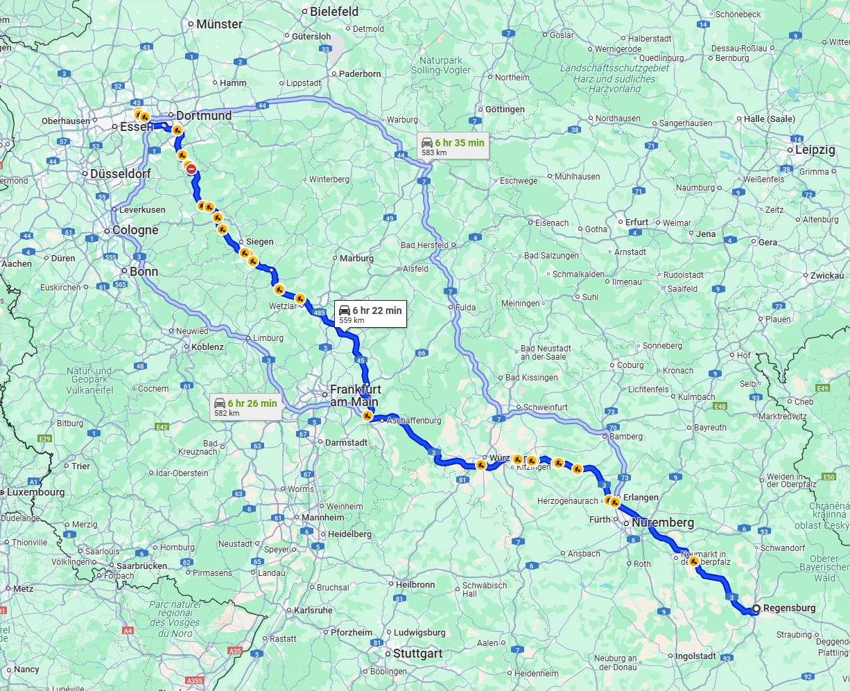 Anreise von Regensburg Zu Herne Über via A3 and A45