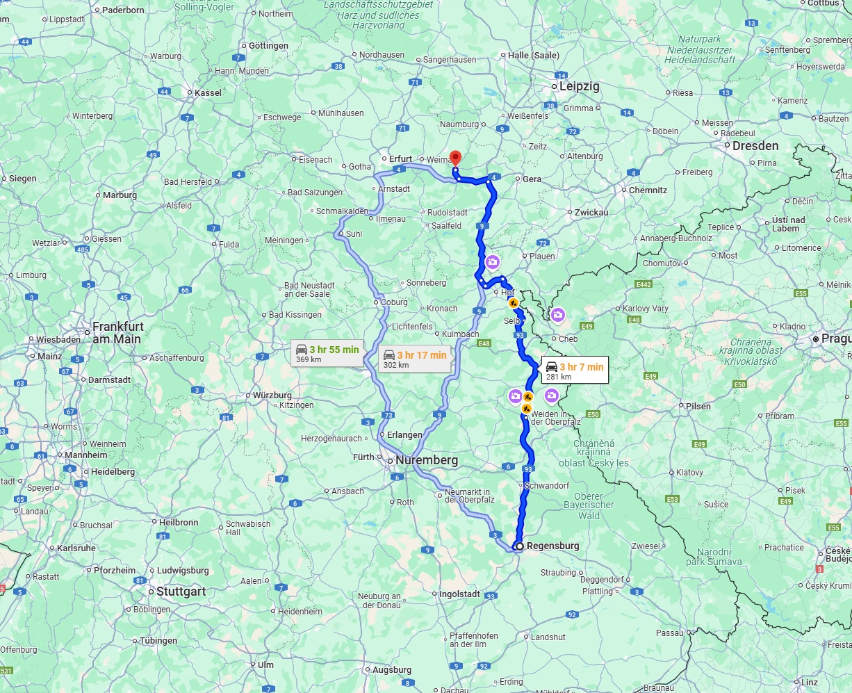 Anreise von Regensburg Zu Jena Über via A93