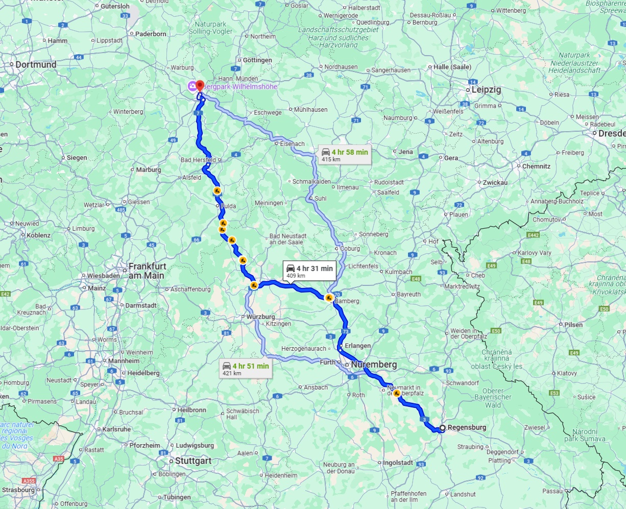 Anreise von Regensburg Zu Kassel Über via A3 and A7