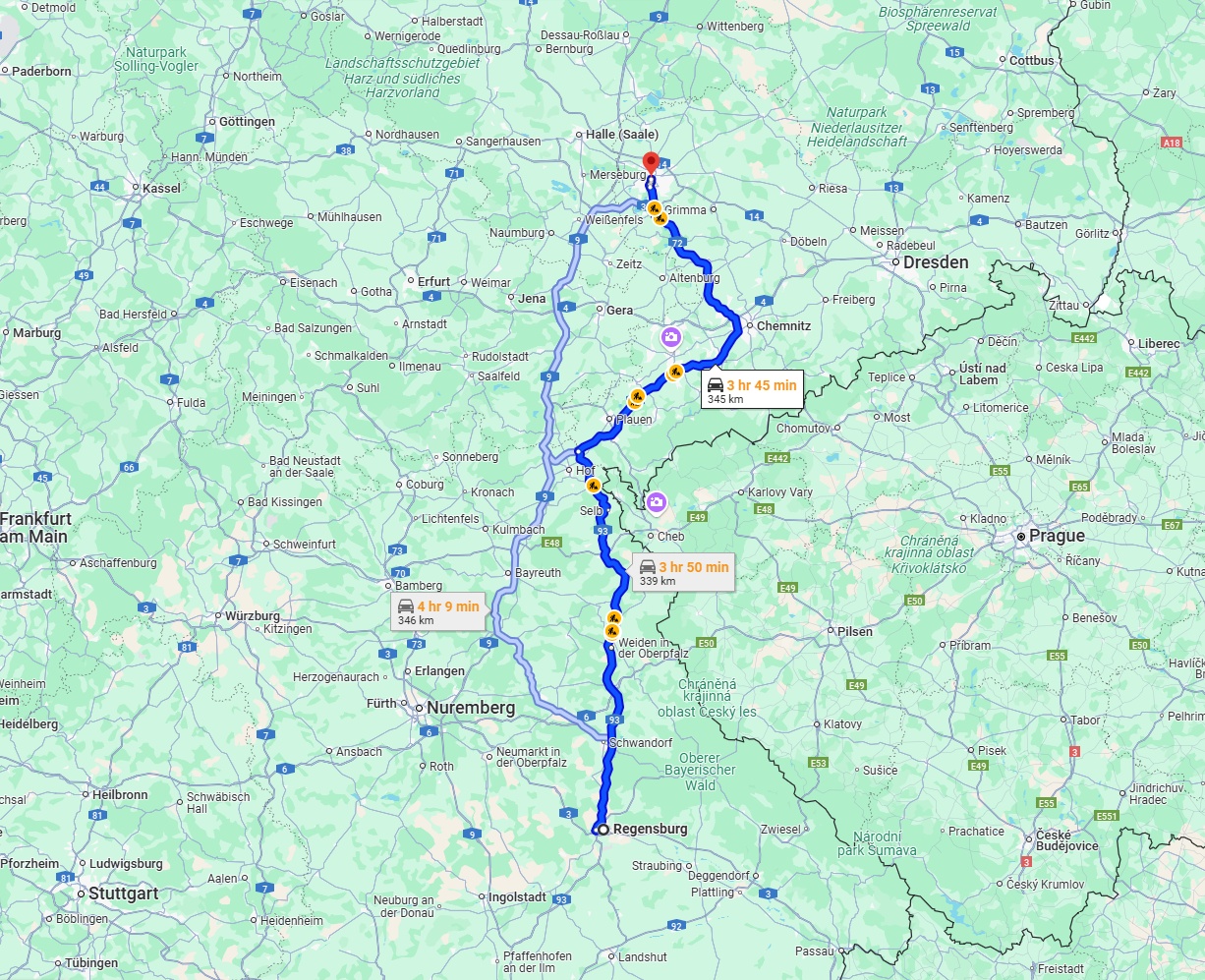 Anreise von Regensburg Zu Leipzig Über via A93 and A72