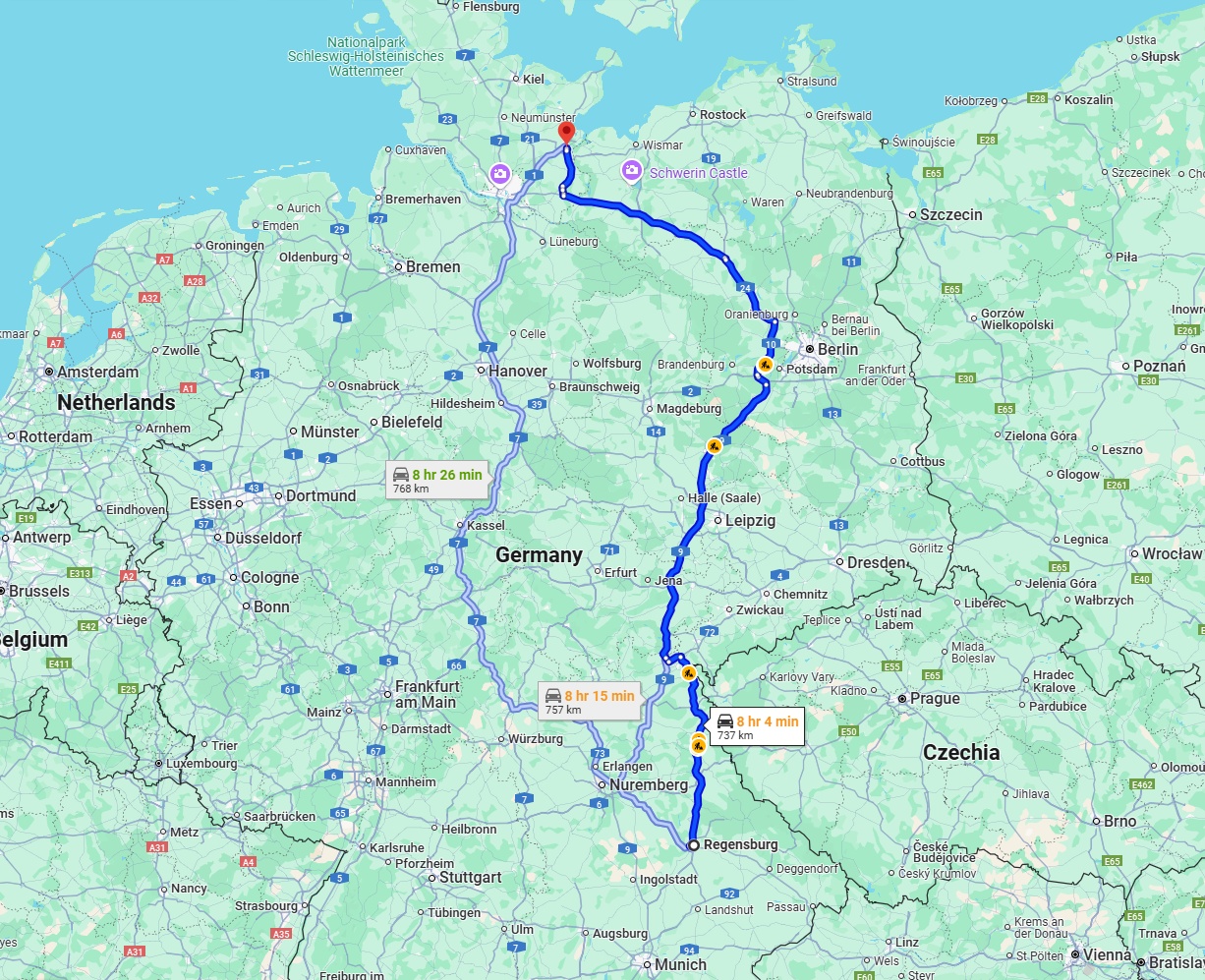 Anreise von Regensburg Zu Lübeck Über via A9 and A24