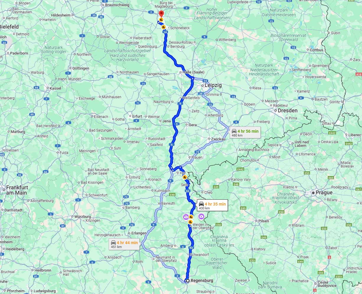 Anreise von Regensburg Zu Magdeburg Über via A93 and A9