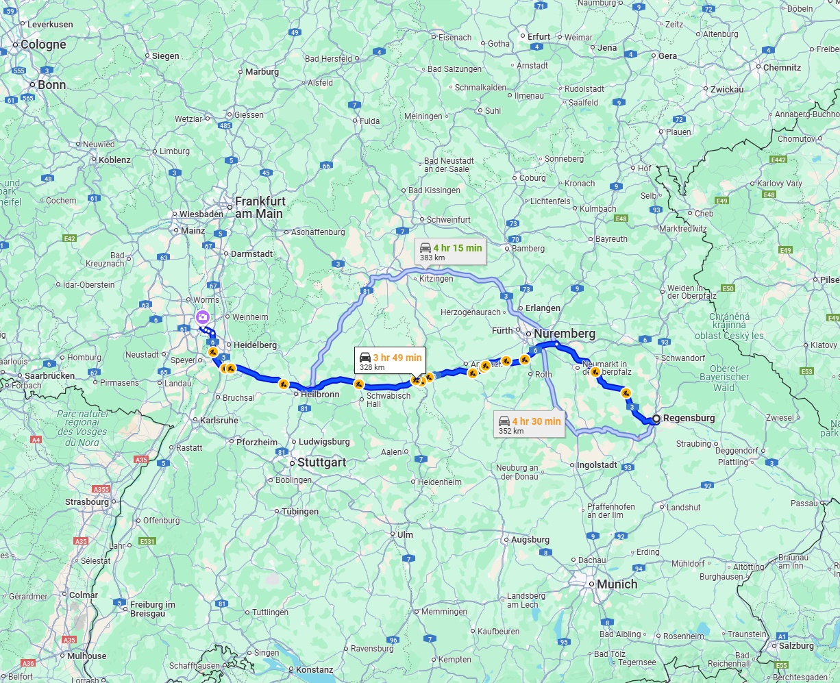 Anreise von Regensburg Zu Mannheim Über via A3 and A6