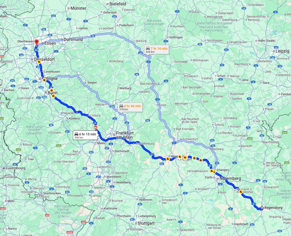 Anreise von Regensburg Zu Mülheim an der Ruhr Über via A3