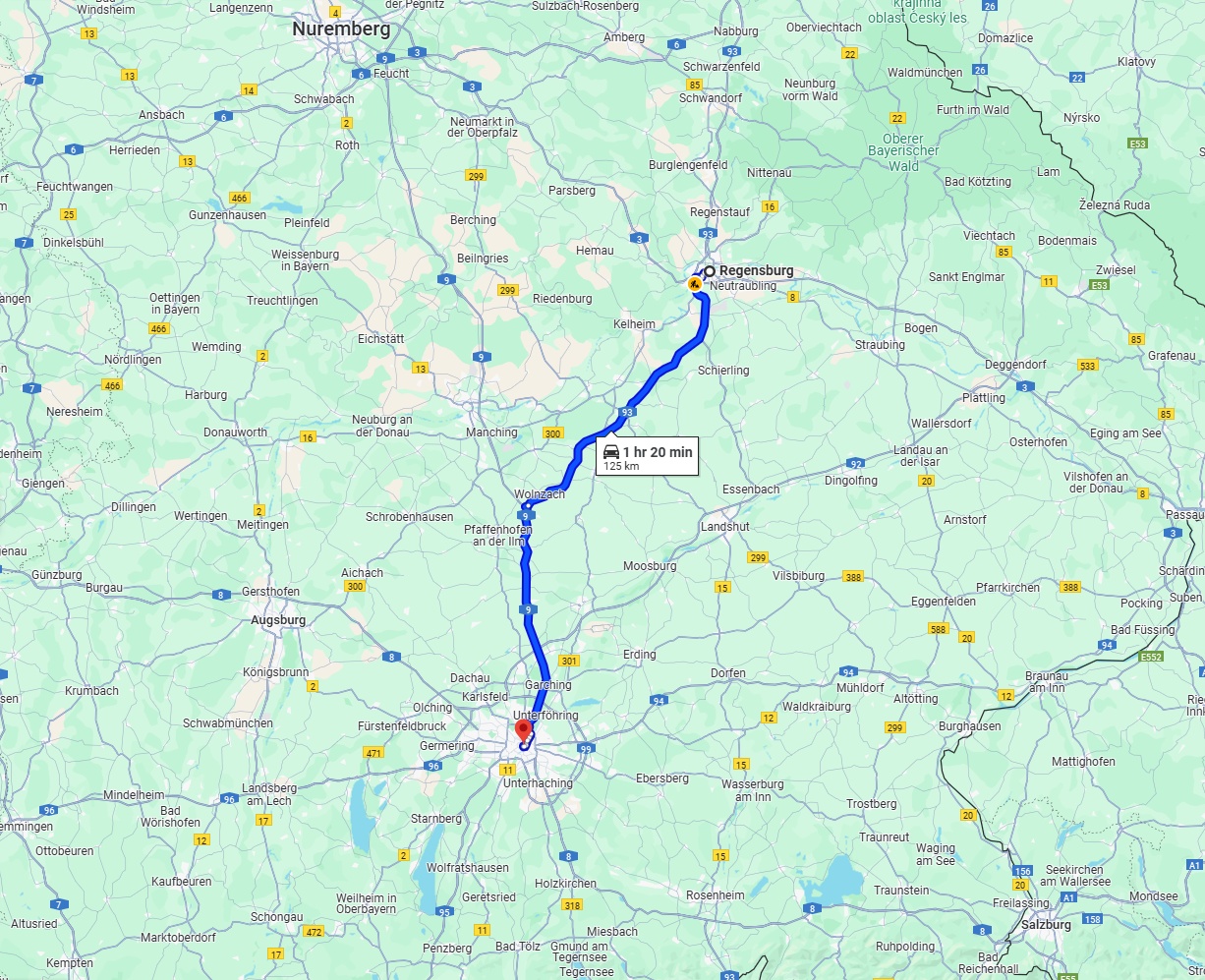 Anreise von Regensburg Zu München Über via A93 and A9