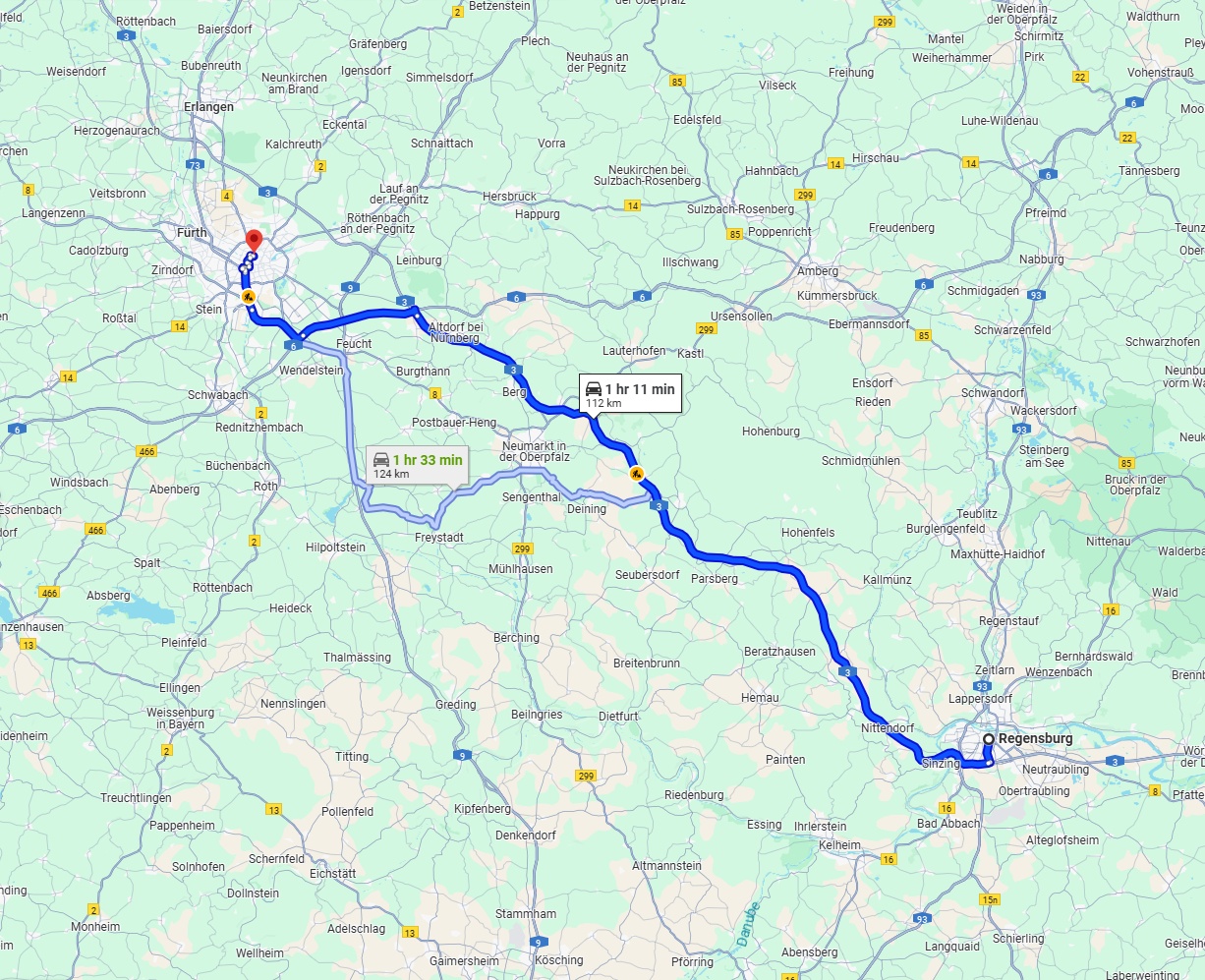 Anreise von Regensburg Zu Nürnberg Über via A3