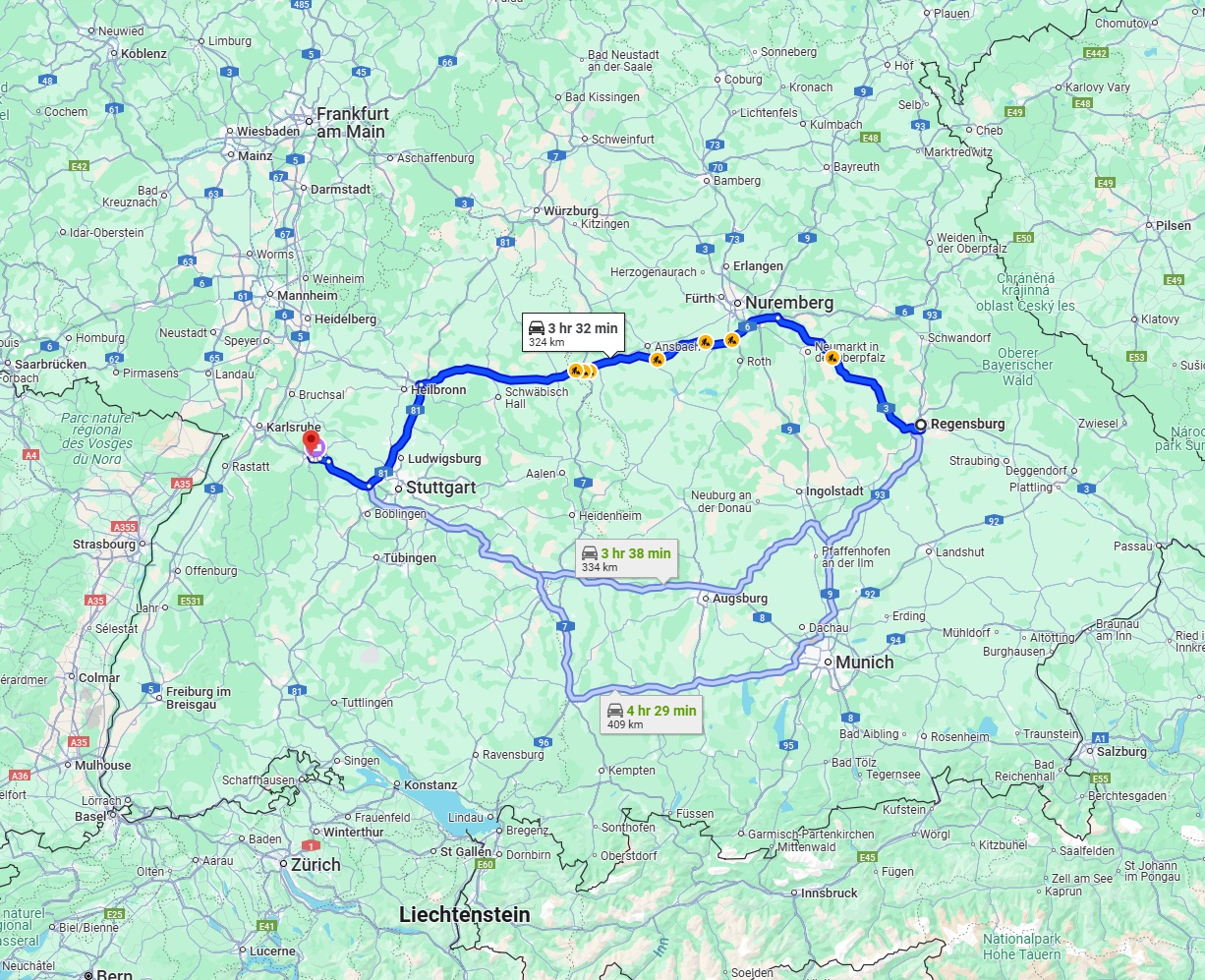 Anreise von Regensburg Zu Pforzheim Über via A3 and A6