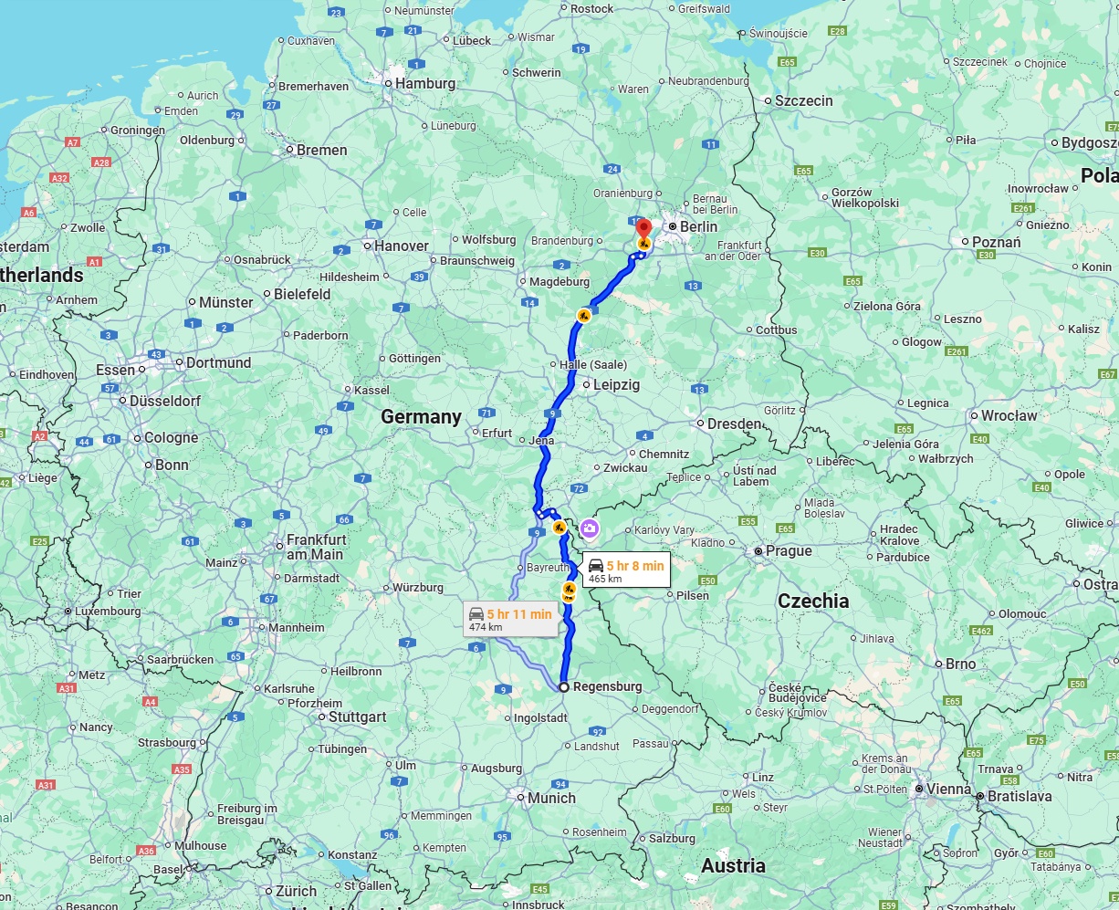 Anreise von Regensburg Zu Potsdam Über via A93 and A9