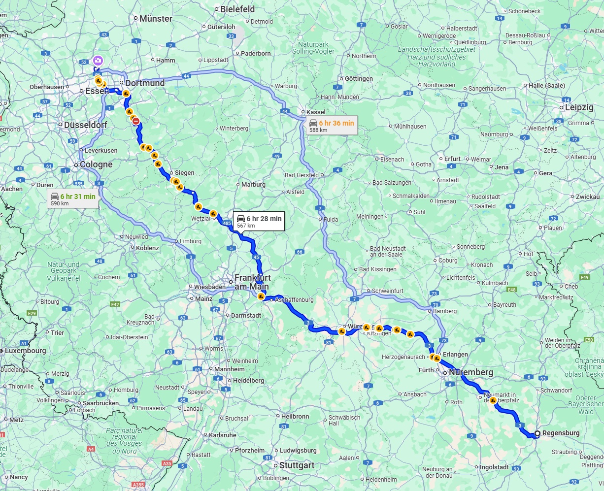 Anreise von Regensburg Zu Recklinghausen Über via A3 and A45