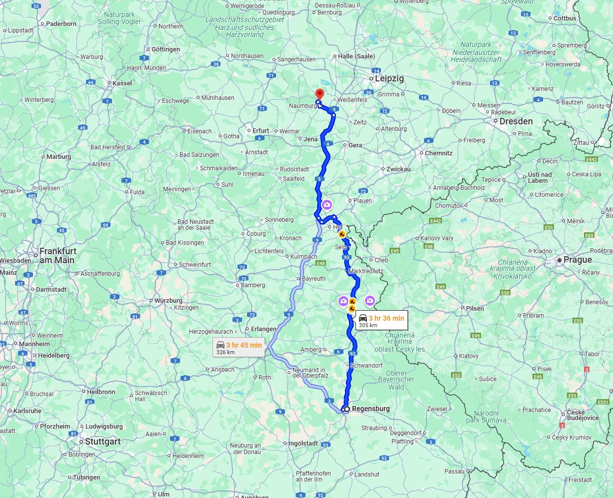 Anreise von Regensburg Zu Saale Über via A93 and A9