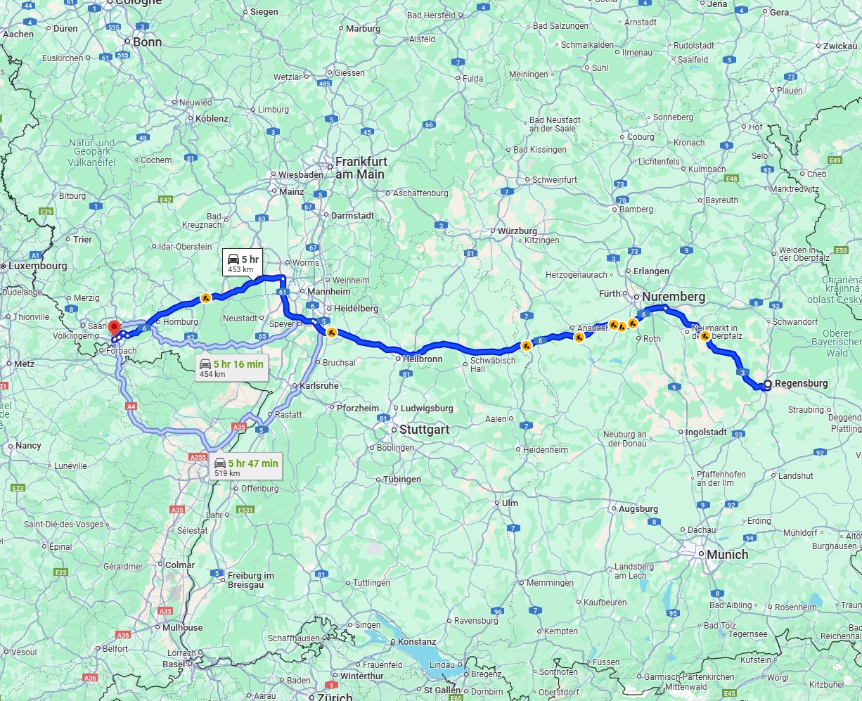 Anreise von Regensburg Zu Saarbrücken Über via A6