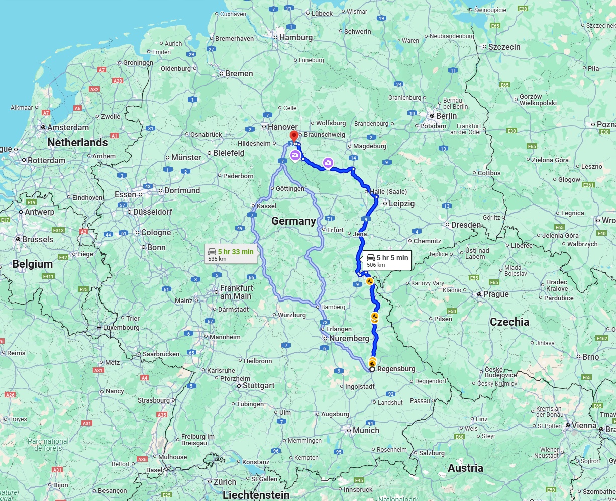Anreise von Regensburg Zu Salzgitter Über via A93 and A9
