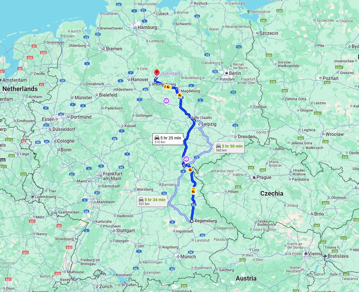 Anreise von Regensburg Zu Wolfsburg Über via A93 and A9