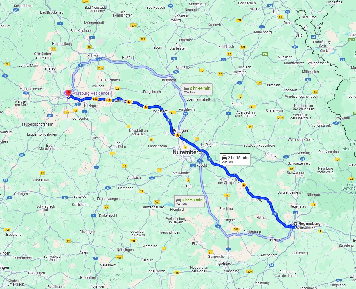 Anreise von Regensburg Zu Würzburg Über via A3