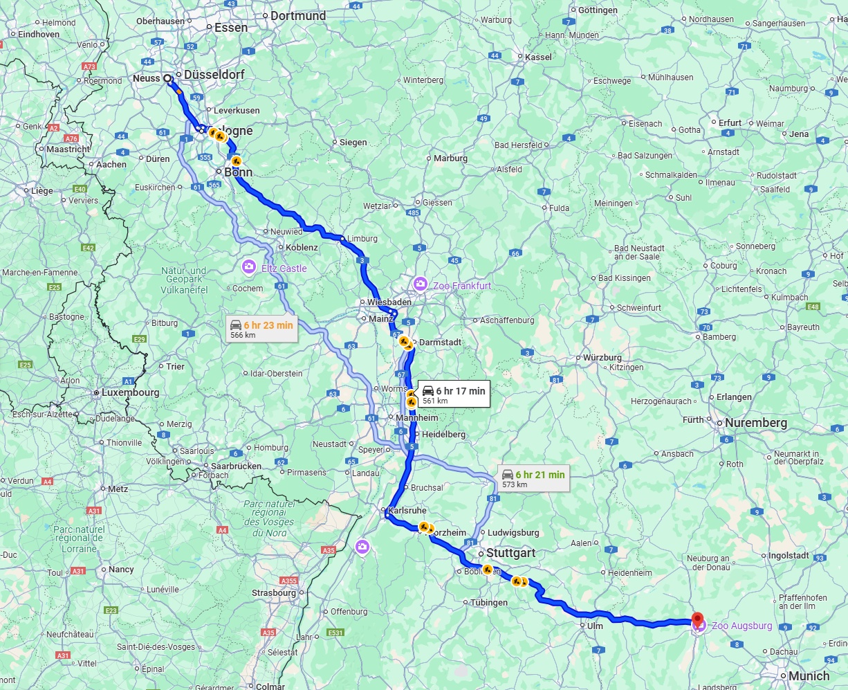 Anreise von Neuss Zu Augsburg Über via A3 and A8