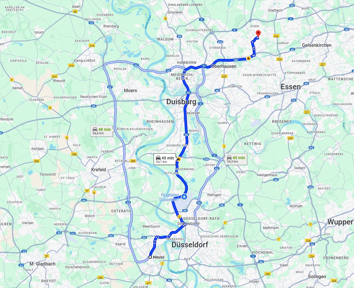 Anreise von Neuss Zu Bottrop Über via B8 and A59