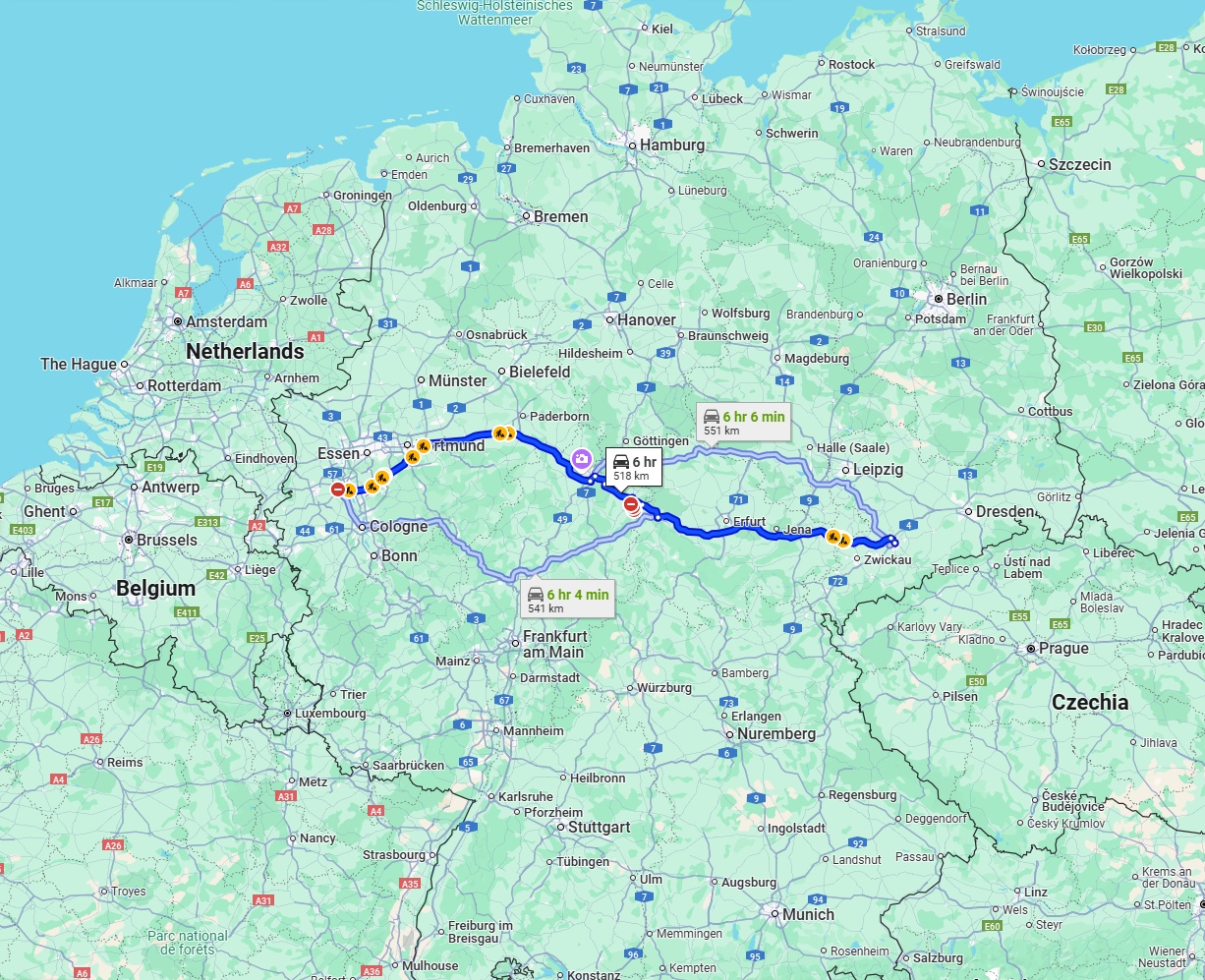 Anreise von Neuss Zu Chemnitz Über via A44 and A4