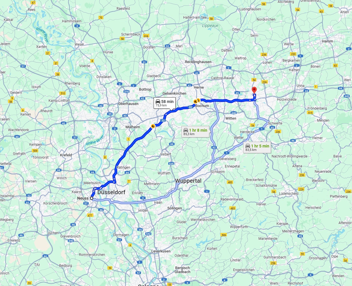 Anreise von Neuss Zu Dortmund Über via A52 and A40