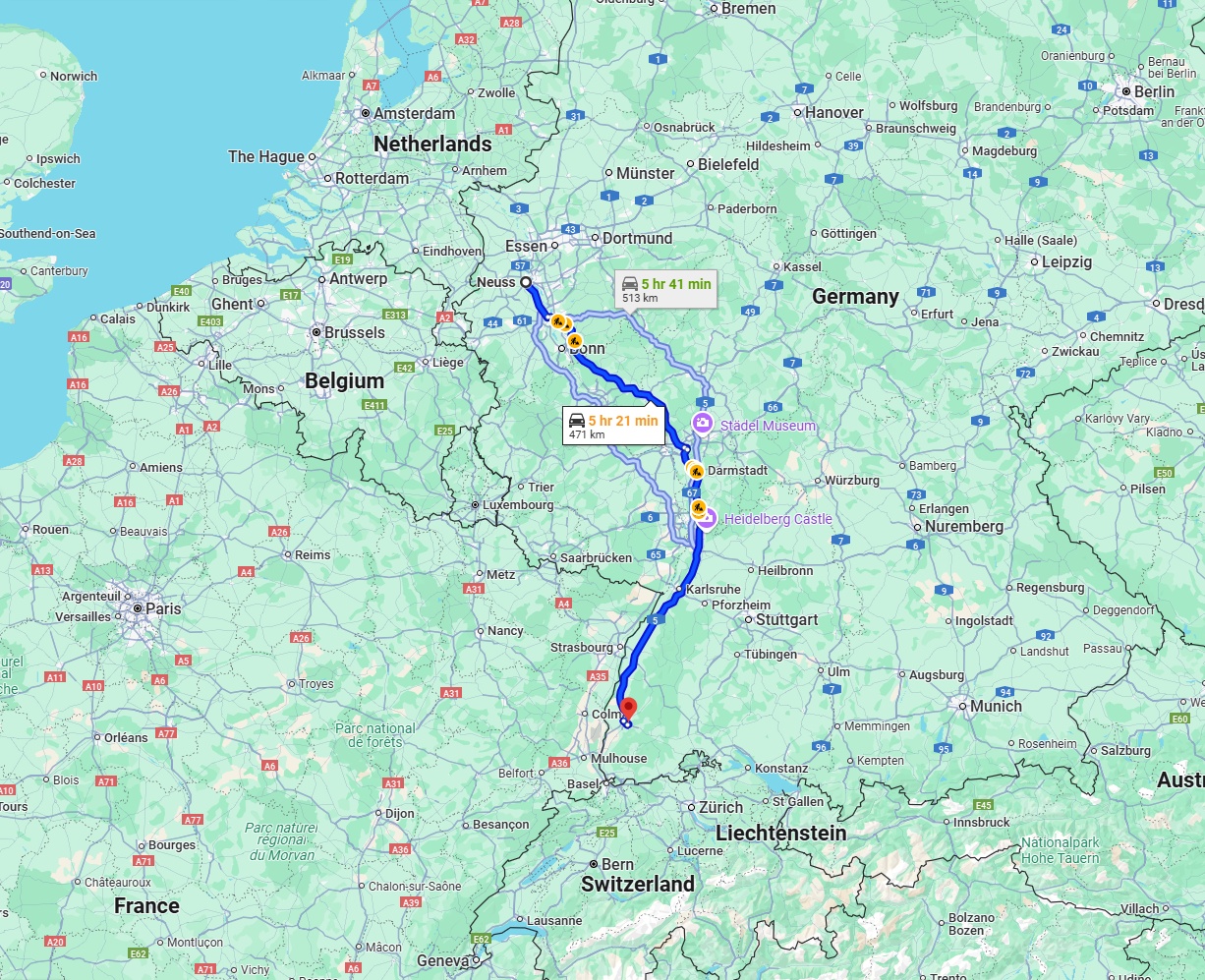 Anreise von Neuss Zu Freiburg im Breisgau Über via A3 and A5