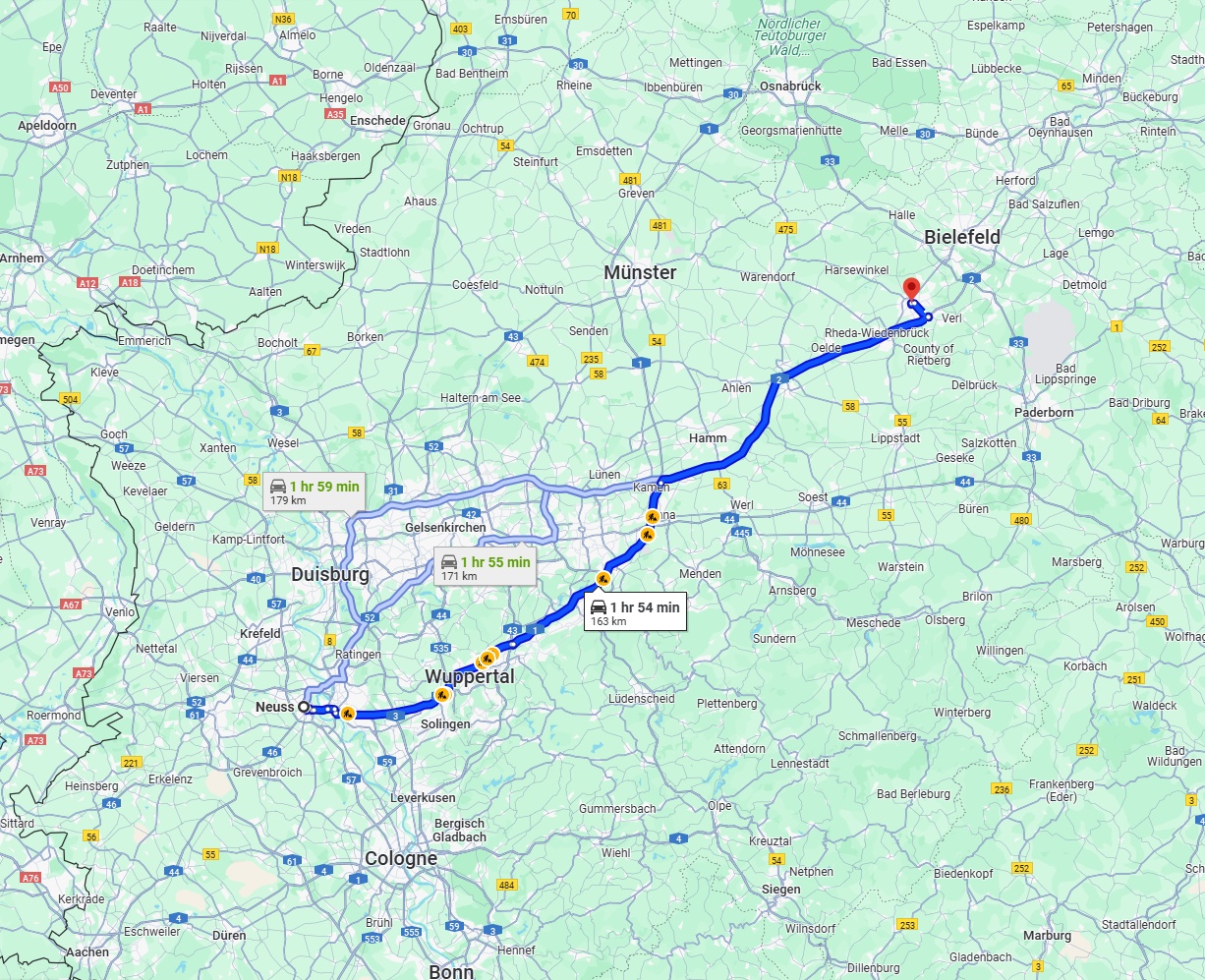 Anreise von Neuss Zu Gütersloh Über via A1 and A2