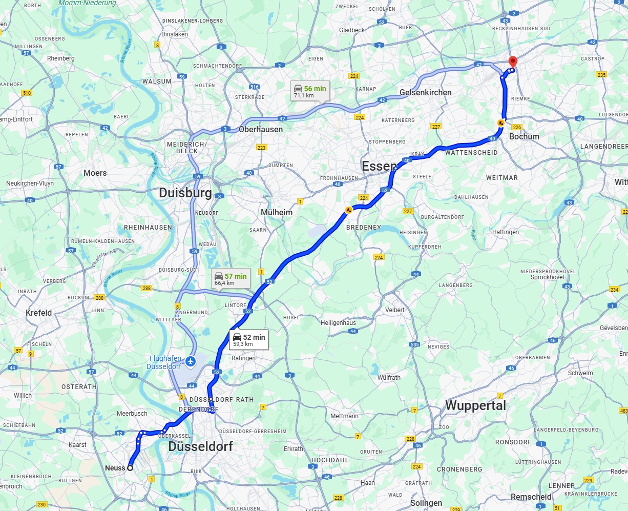 Anreise von Neuss Zu Herne Über via A52