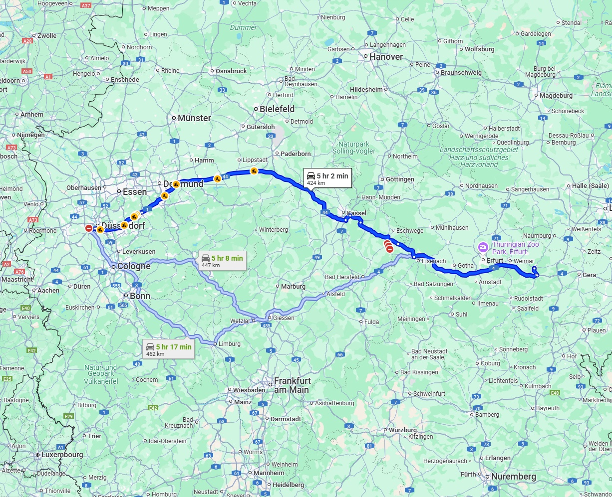 Anreise von Neuss Zu Jena Über via A44 and A4