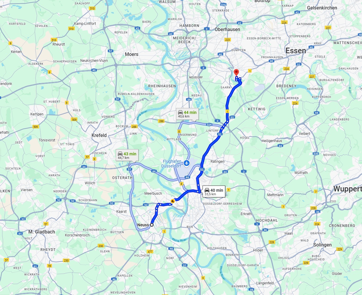 Anreise von Neuss Zu Mülheim an der Ruhr Über via A52 and B1