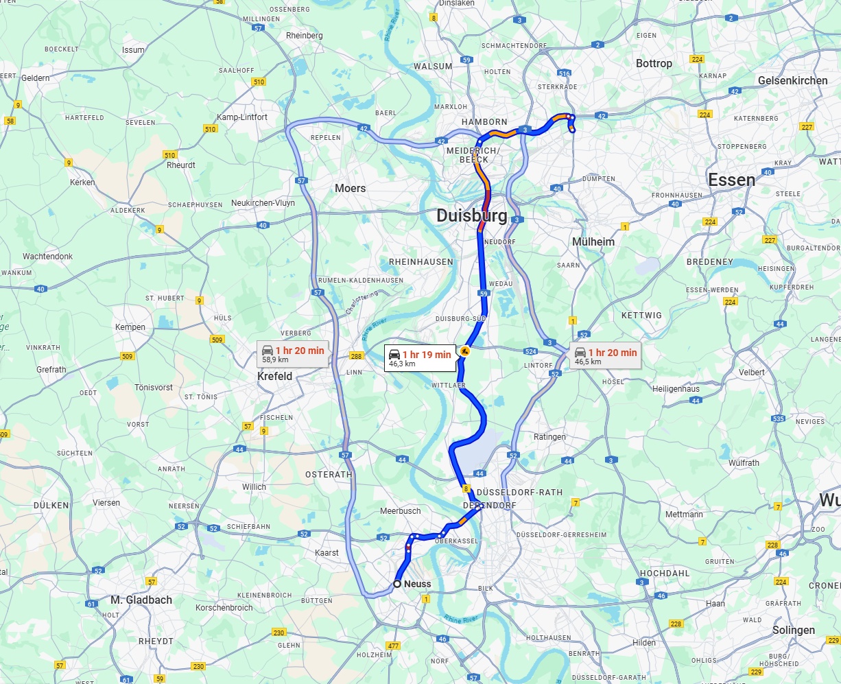 Anreise von Neuss Zu Oberhausen Über via B8 and A59