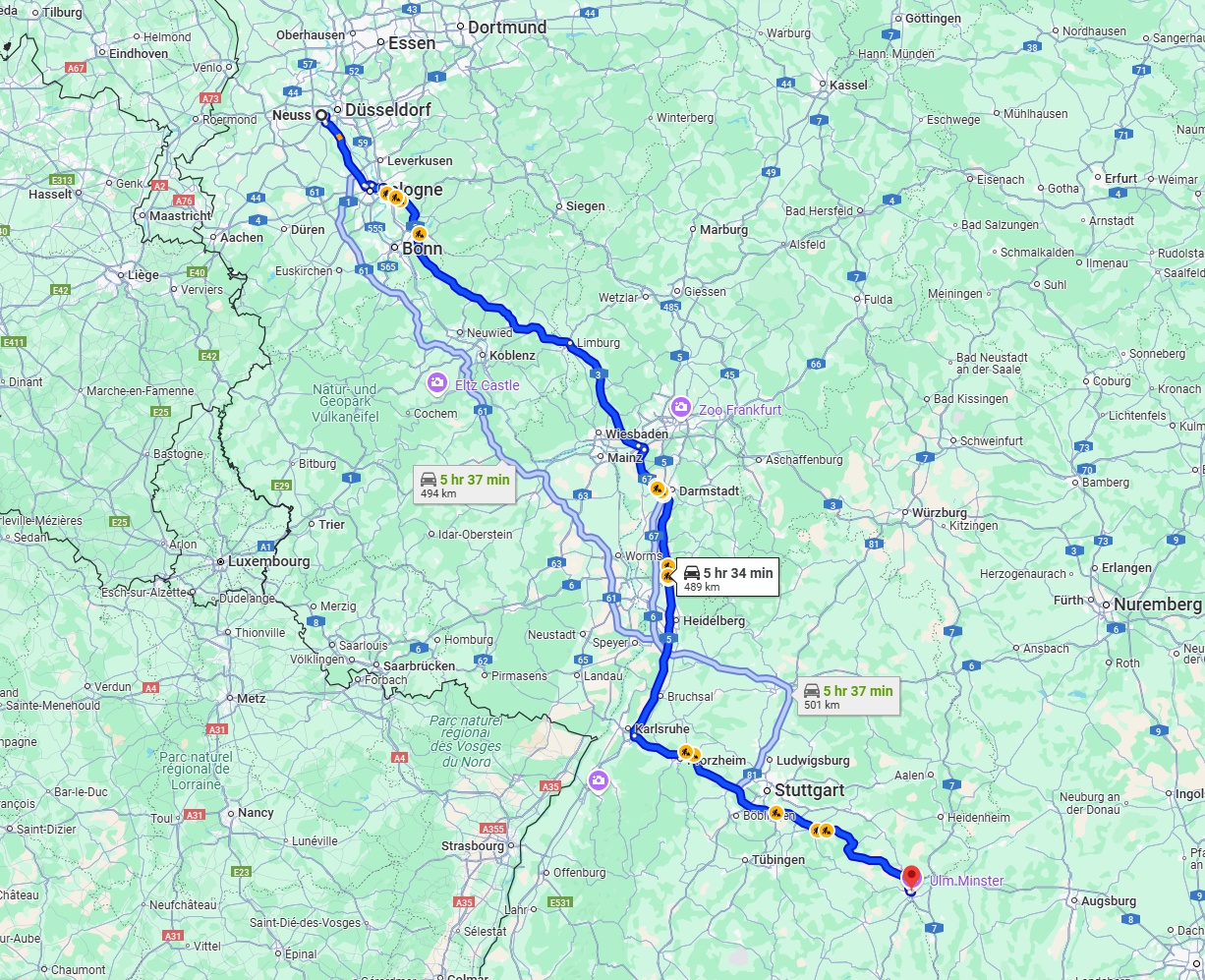 Anreise von Neuss Zu Ulm Über via A3 and A8