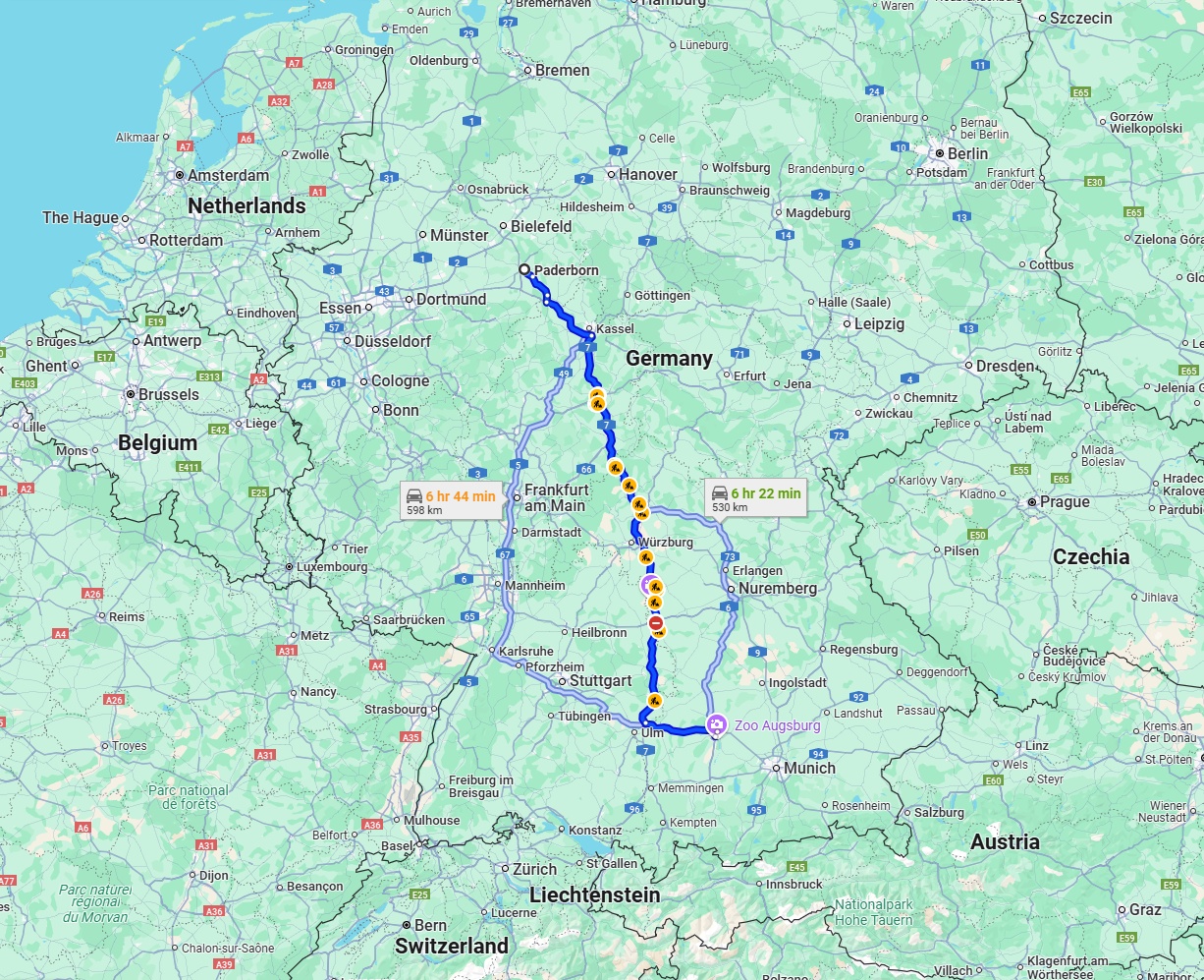 Anreise von Paderborn Zu Augsburg Über via A7
