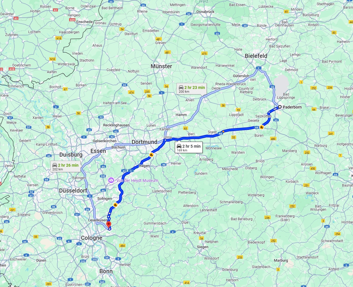 Anreise von Paderborn Zu Bergisch Gladbach Über via A44 and A1