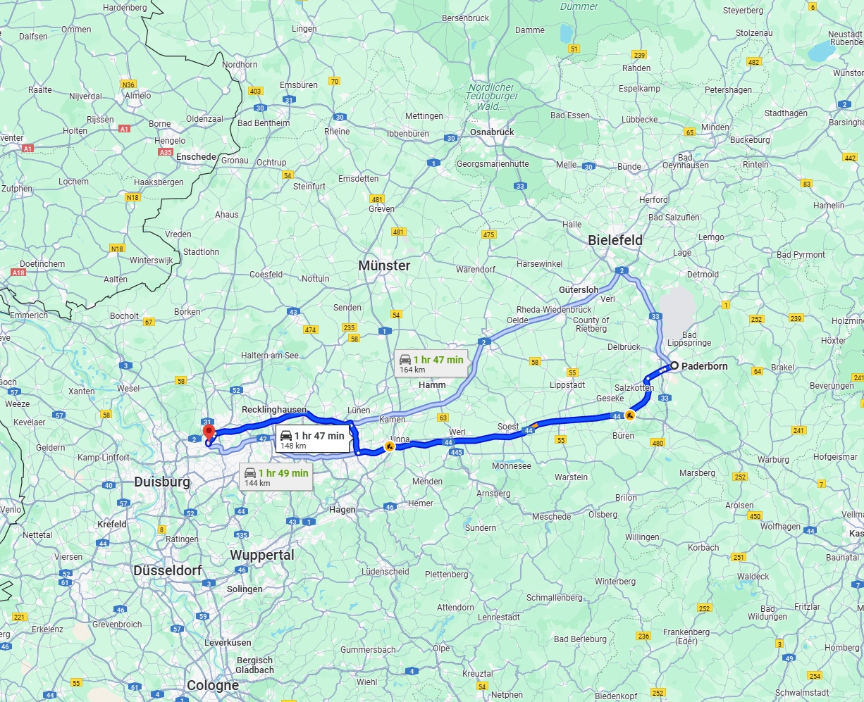 Anreise von Paderborn Zu Bottrop Über via A44 and A2