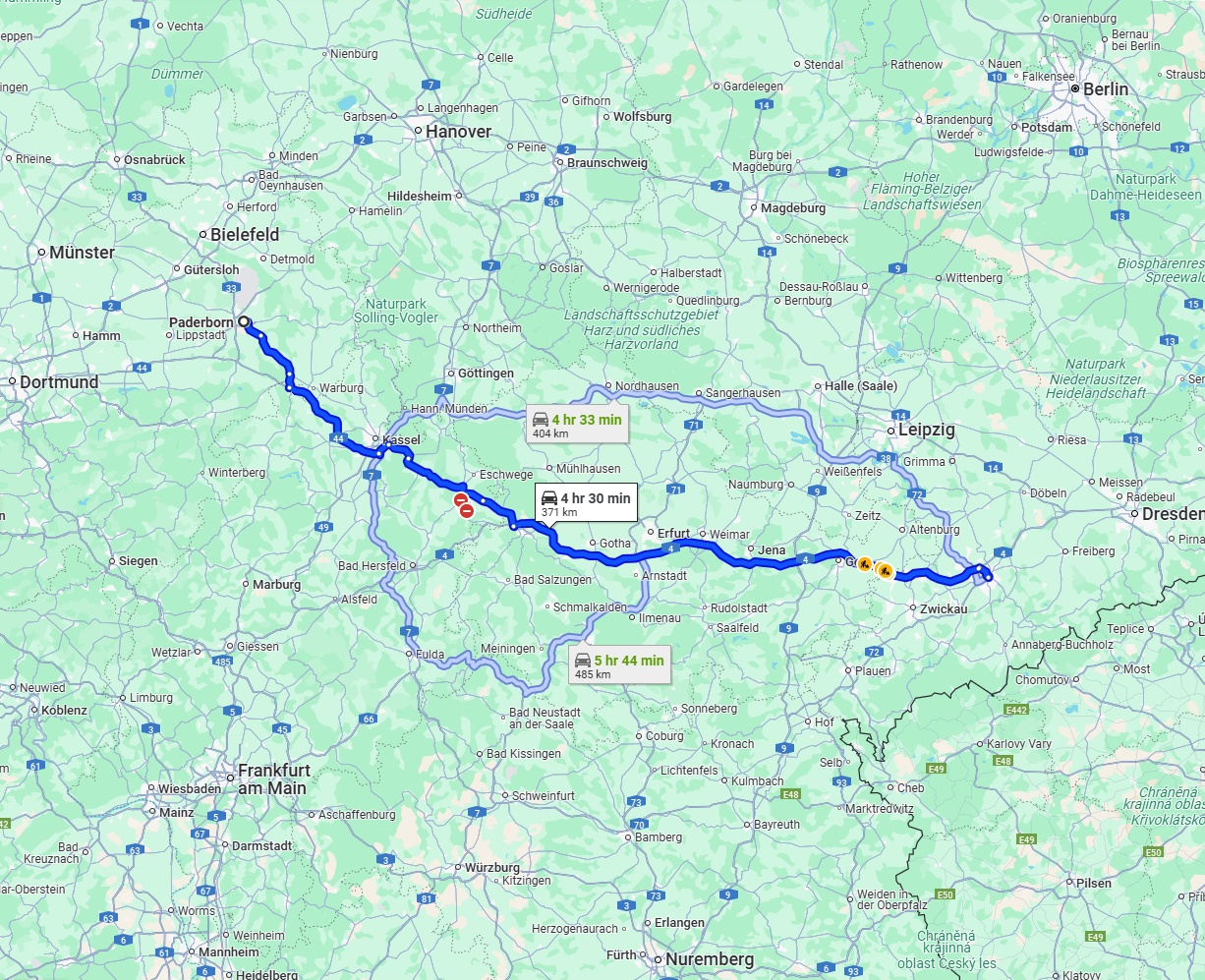 Anreise von Paderborn Zu Chemnitz Über via A4