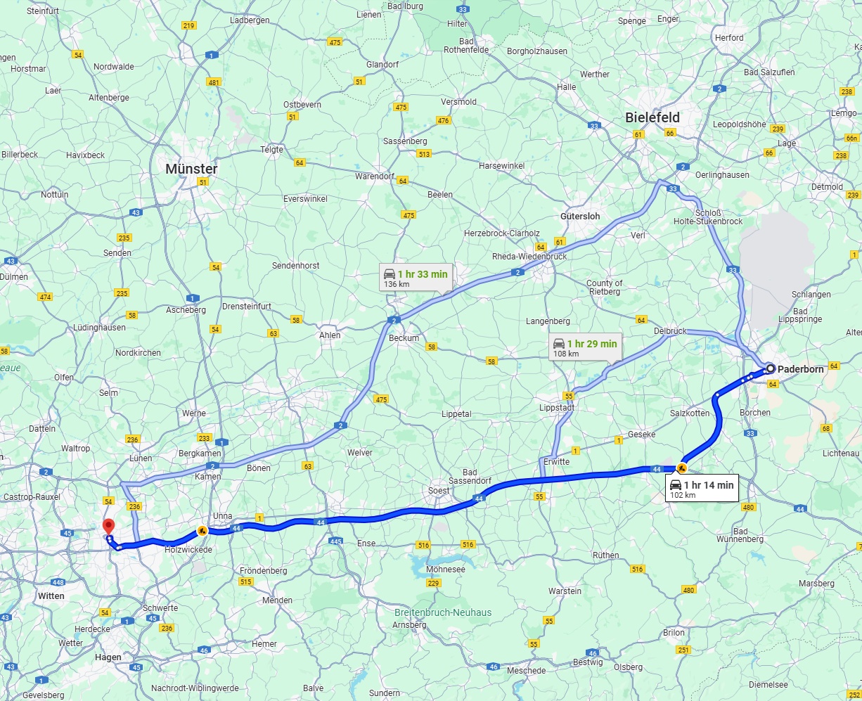 Anreise von Paderborn Zu Dortmund Über via A44