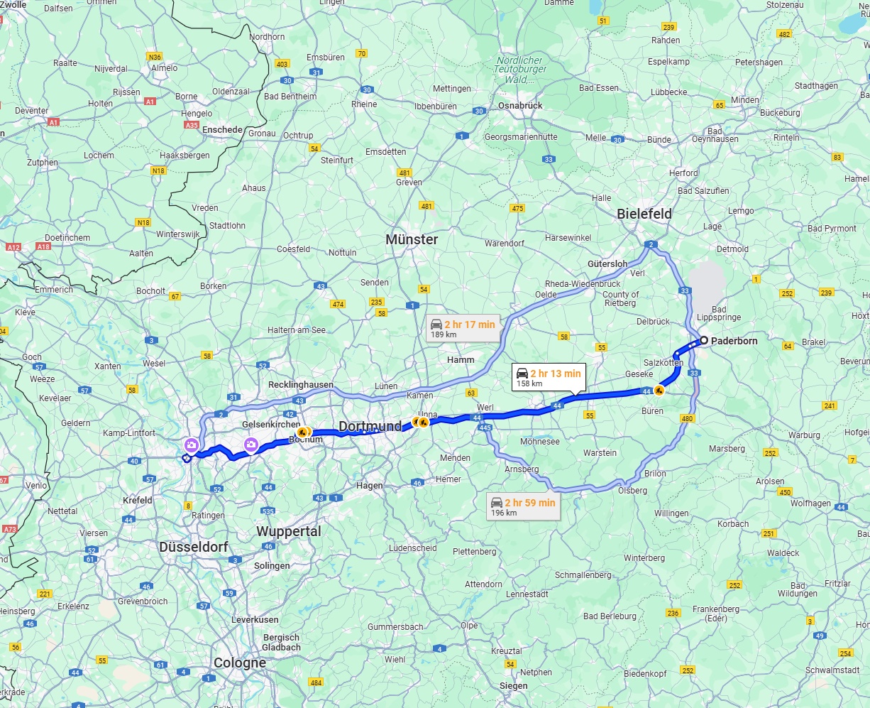 Anreise von Paderborn Zu Duisburg Über via A44 and A40