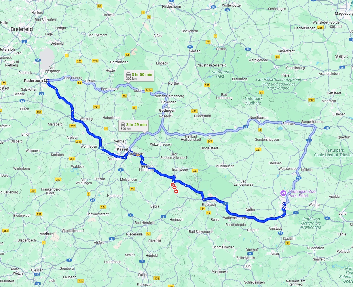 Anreise von Paderborn Zu Erfurt Über via A44 and A4