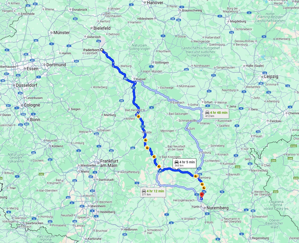 Anreise von Paderborn Zu Erlangen Über via A7