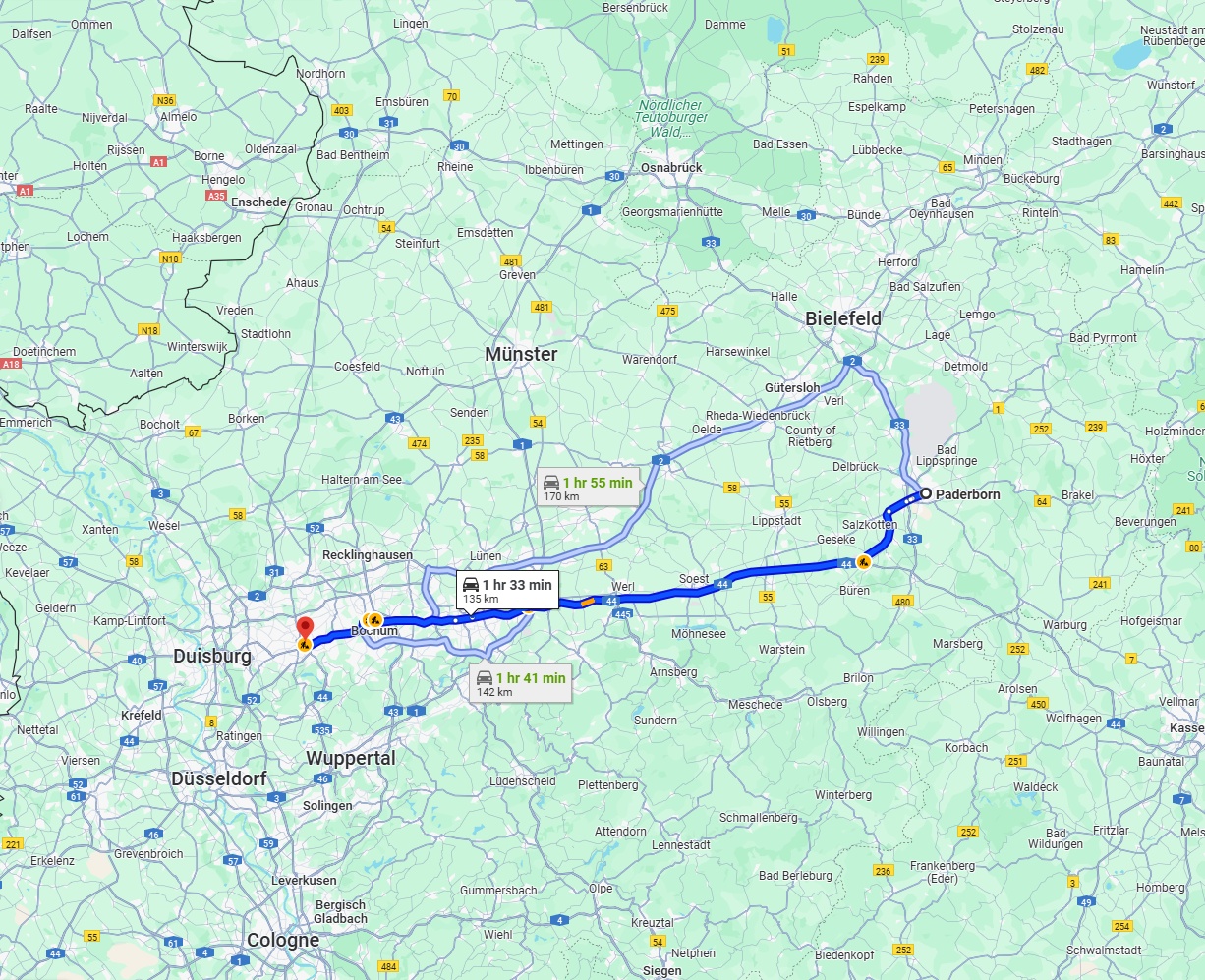 Anreise von Paderborn Zu Essen Über via A44