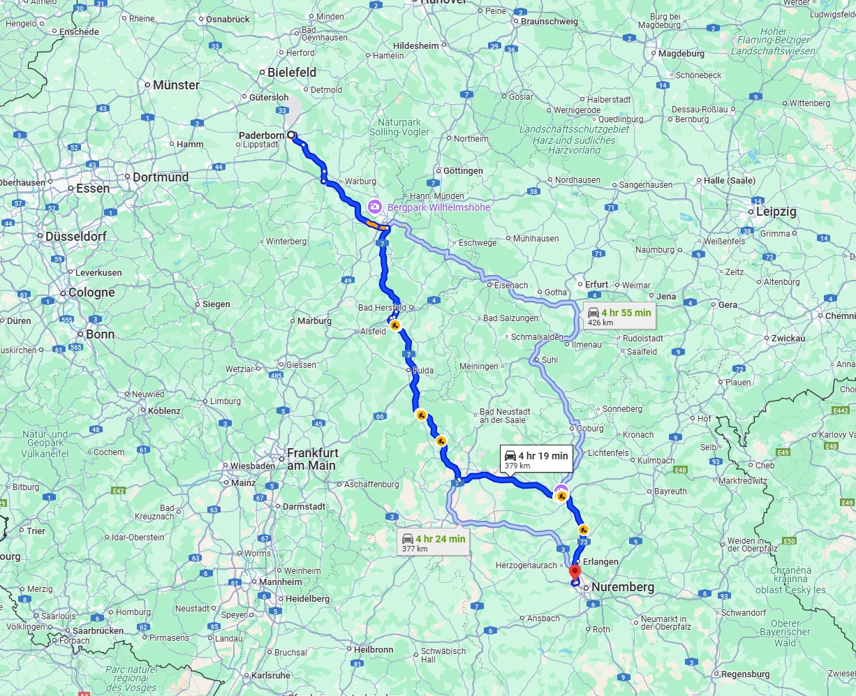 Anreise von Paderborn Zu Fürth Über via A7