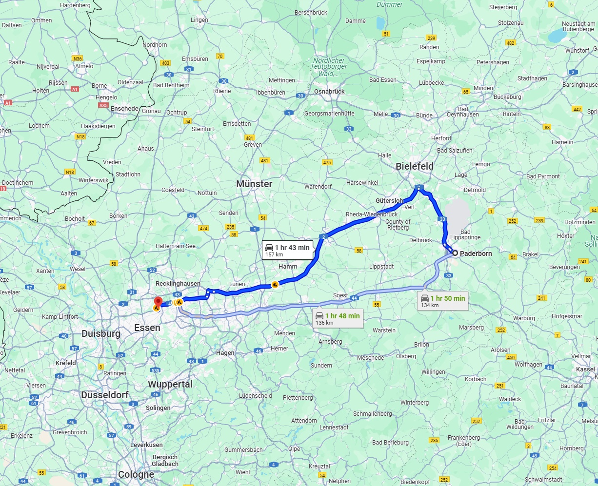 Anreise von Paderborn Zu Gelsenkirchen Über via A2