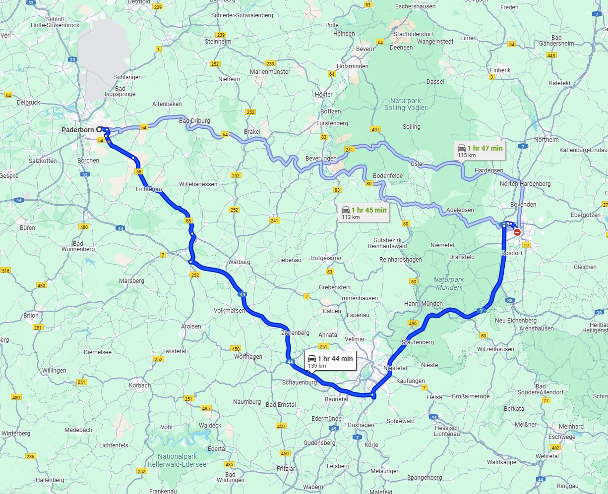 Anreise von Paderborn Zu Göttingen Über via A44 and A7