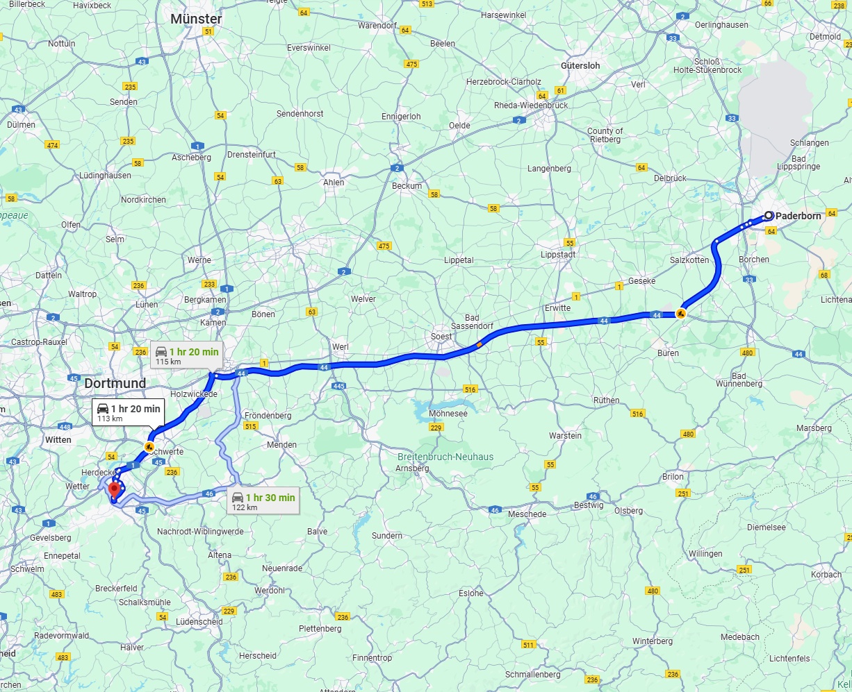 Anreise von Paderborn Zu Hagen Über via A44